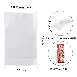Morepack Flat Bottom Cellophane Bags,100Pcs 10x4x14 Inches Clear Flat Bottom Cello Treat Cellophane Gift Bags with Twist Ties,for Cookie, Candy (No Side Gusset)