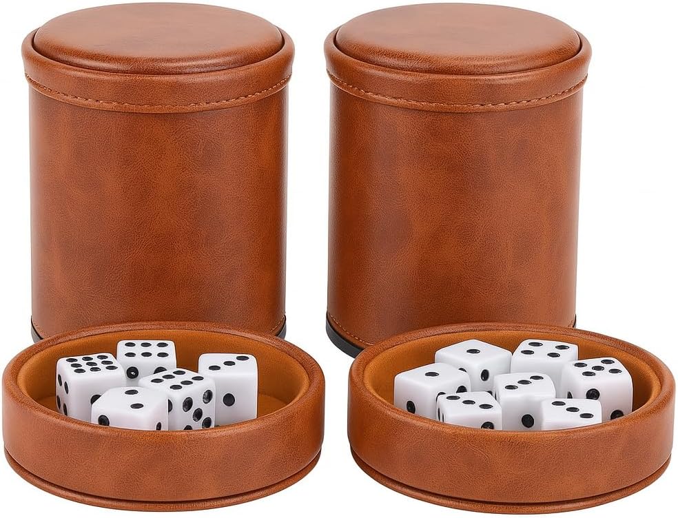 Brown PU Leather Dice Cup with Lid, Velvet Interior Quiet Dice Shaker Cup with 6 Dice for Liars Dice/Farkle/Yahtzee Games, 2 Pack