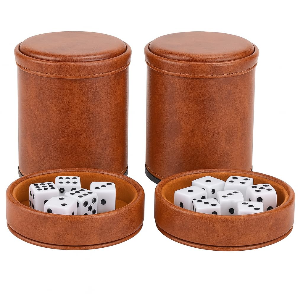 Brown PU Leather Dice Cup with Lid, Velvet Interior Quiet Dice Shaker Cup with 6 Dice for Liars Dice/Farkle/Yahtzee Games, 2 Pack