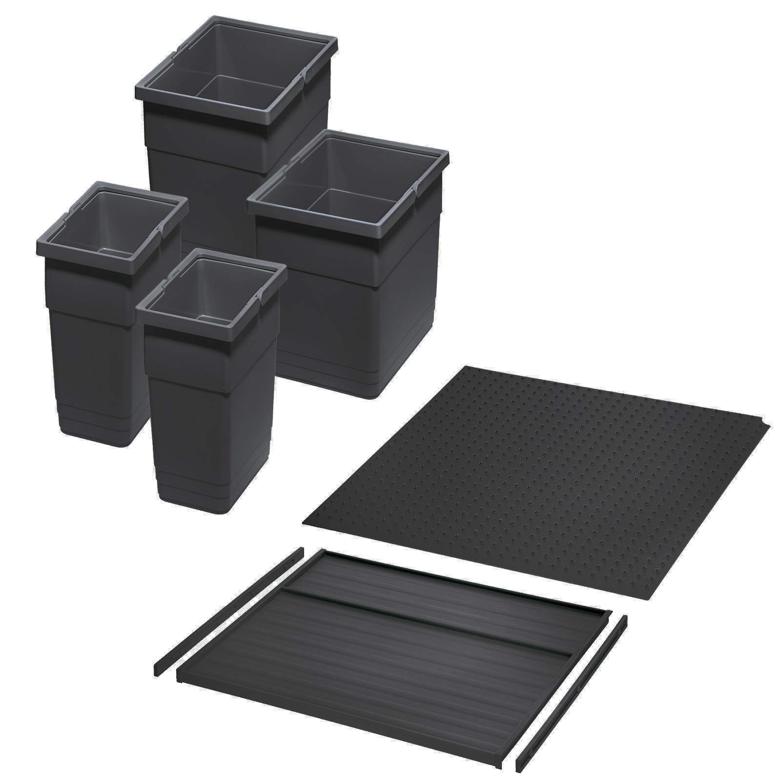 Ninka Abfalltrennsystem eins2vier KB 600 mm, Seitenstärke 16 mm Höhe 275mm | 2x 6L, 2x 13,5L, 1x 60er Bodenplatte, 1x 60er Deckelplatte, 2x Führungsleiste dunkelgrau für Tandembox von SOTECH