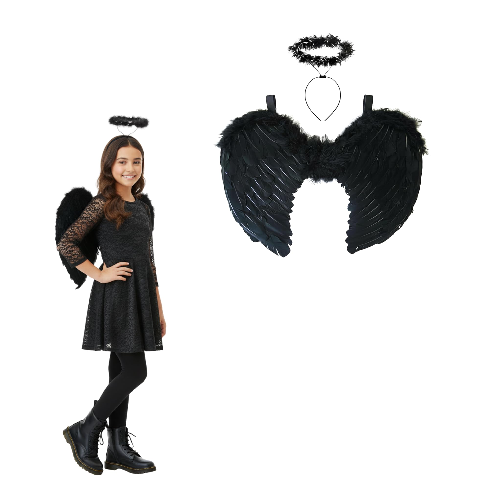 FNA FASHIONS BLACK ANGEL FAIRY LARGE WINGS & HALO SET | DARK FANCY DRESS HALLOWEEN COSTUME GOTHIC