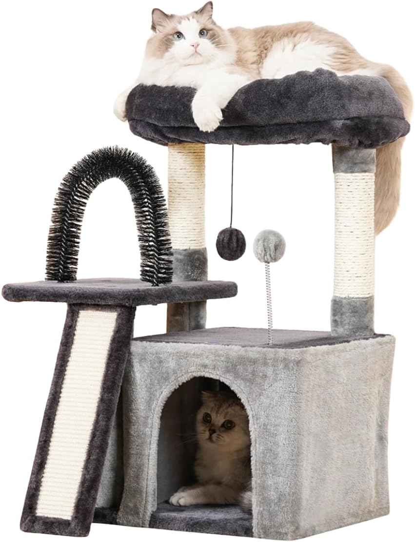 Happi N Pets Cat Tree Tower for Indoor Cats, Multi-Level Cat Tree with Scratching Posts & Condos, Cozy Cat Perch, Self Groomer and Interactive Toys, Featuring with Large Cat Cave, Smokey Gray Smoky Gray