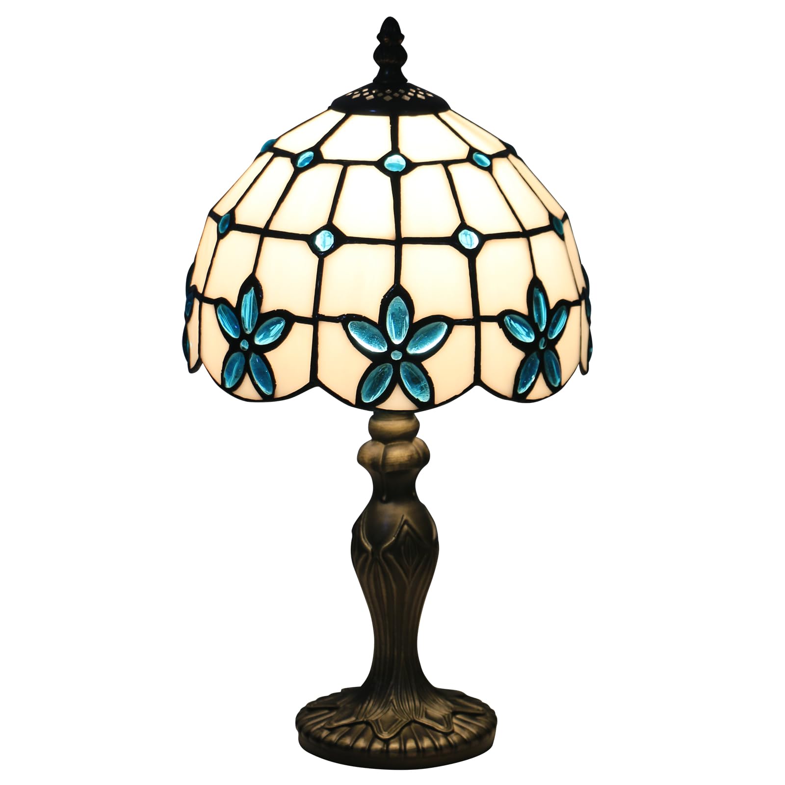 Tiffany, lampada da tavolo retrò, piccola lampada vintage da comodino, lampada decorativa da tavolo, motivo floreale blu, paralume in vetro colorato, con lampadina a LED E27, per camera da letto