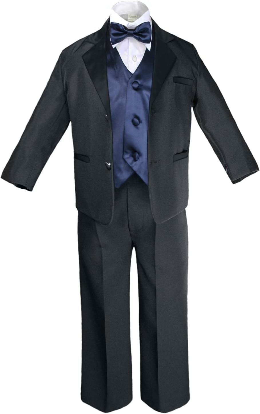 7pc Formal Boy Black Navy Blue Suit Tuxedo Bow Tie Vest Set (S-20)