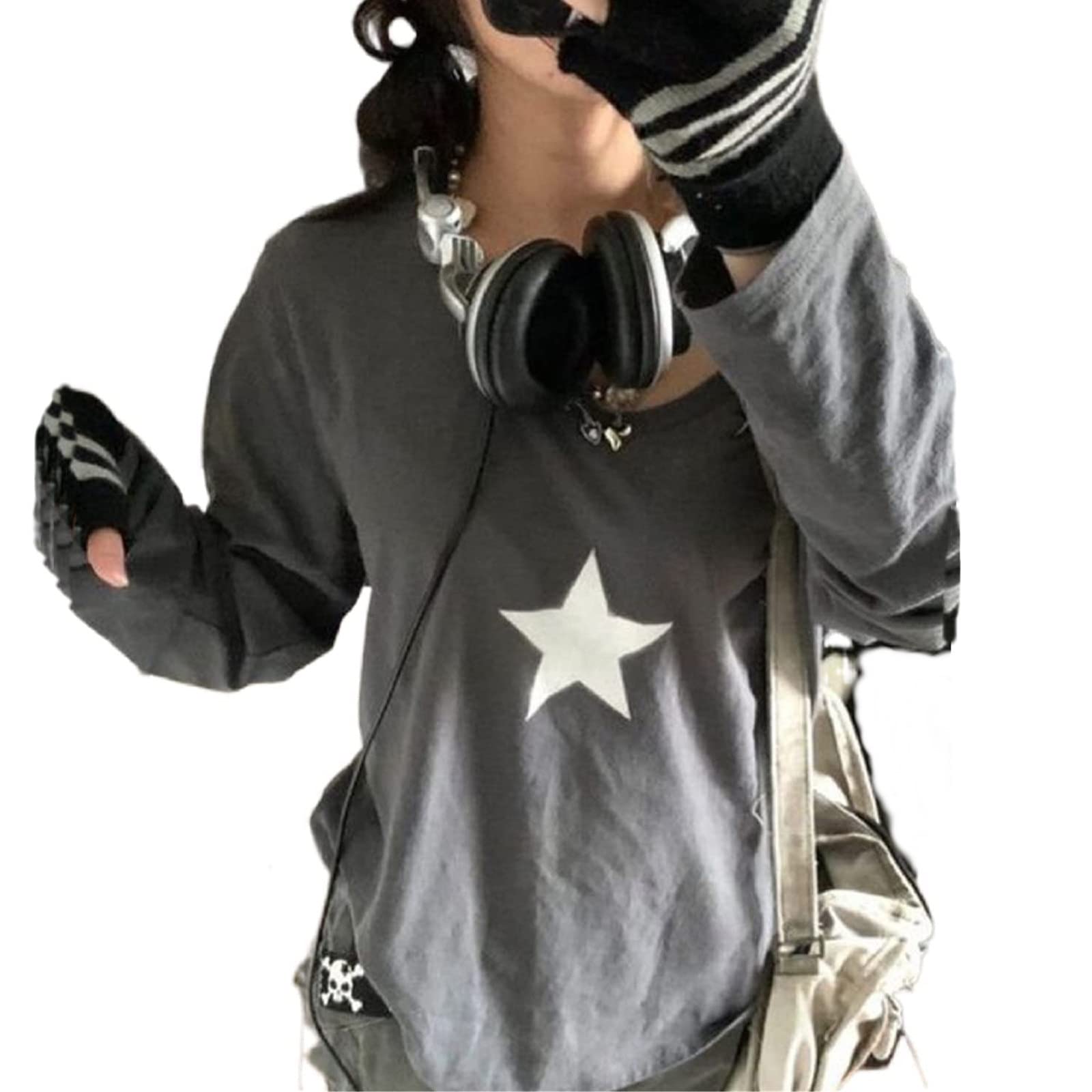 SMIMGOWomen's Casual Sweatshirts Long Sleeve Round Neck Pullover Slim Fit Jumpers Top Vintage Harajuku Y2K Streetwear Fall (Color : Star White1, Size : L)