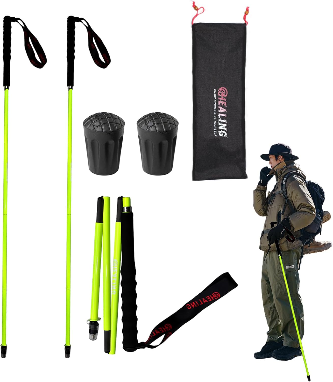 OKHEALING High Strength Carbon Fiber Trekking Poles 1 Pair Foldable in 5 Sections, Lightweight and Sturdy, Suitable for Hiking, Trekking and Mountaineering
