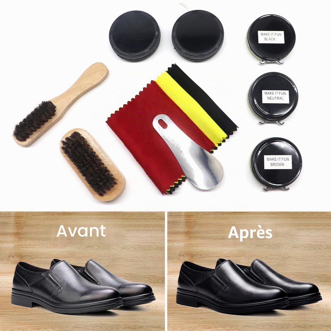 Kit d'Entretien de Chaussures 12 Pièces - Cirage Pour Cuir Avec Cire Marron et Noire, Brosses de Polissage - Compact, Marron