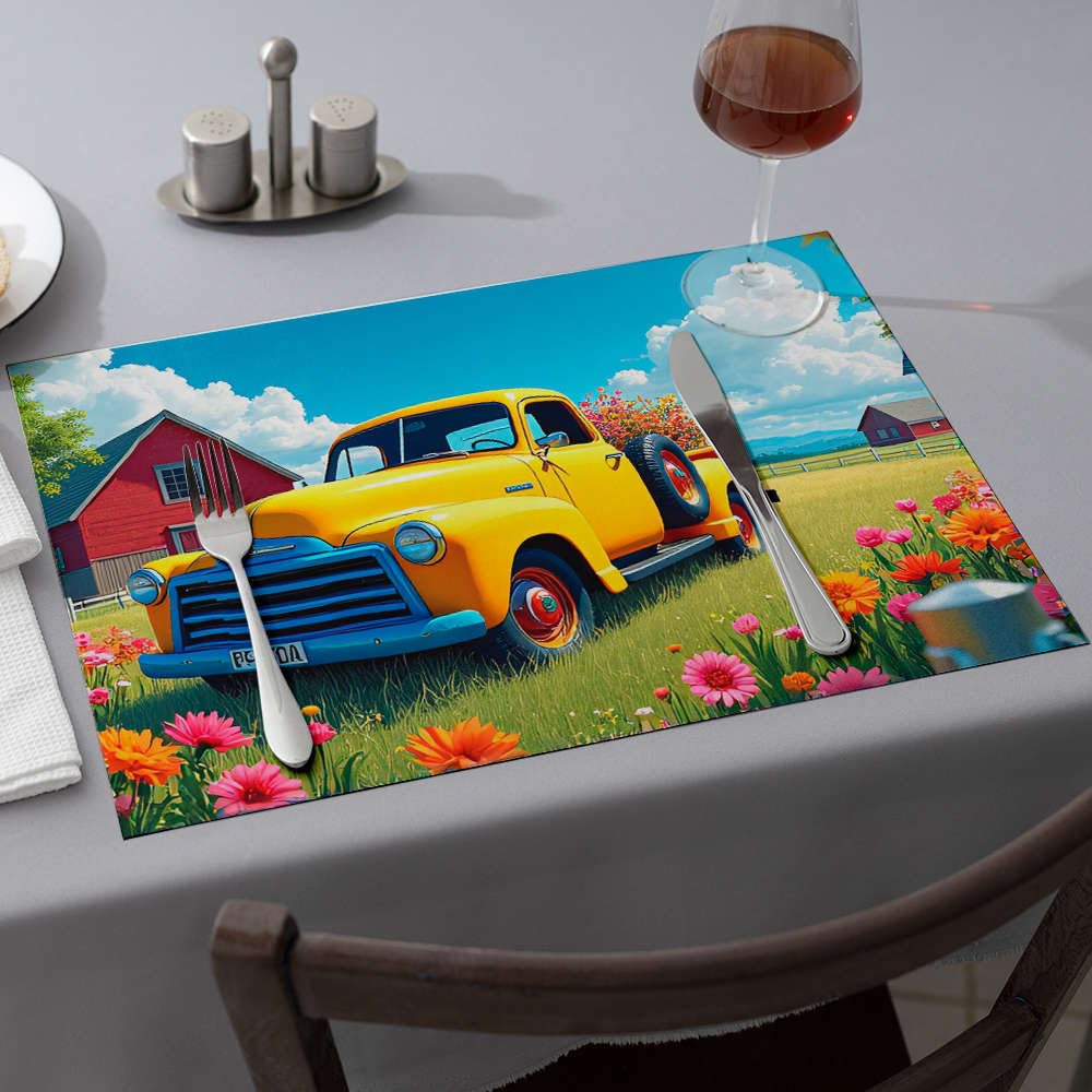 Sets de table roses au motif de camion jaune vintage champêtre pour décoration de ferme 6PCS
