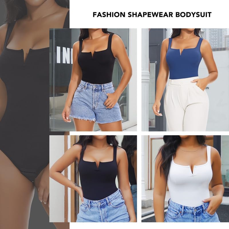 SHAPERIN Women's Notch V Square Neck Sleeveless Bodysuit Tank Tops Tummy Control Shapewear Thong Body Suits Double Lined - Image 4