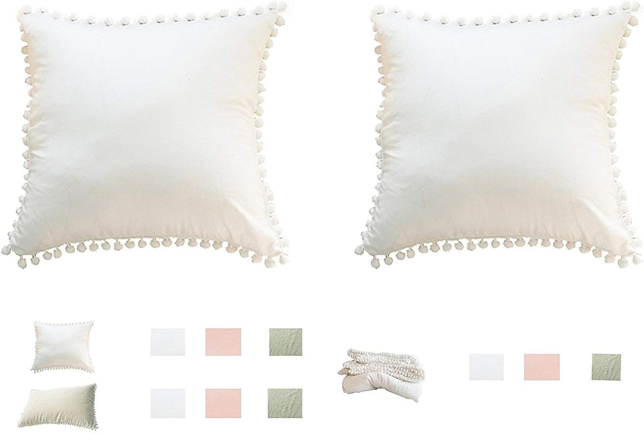 Pom Poms Fringe Ivory Cotton Throw Pillow Covers Off White 18X18 inches 45x45 cm 2 Pieces