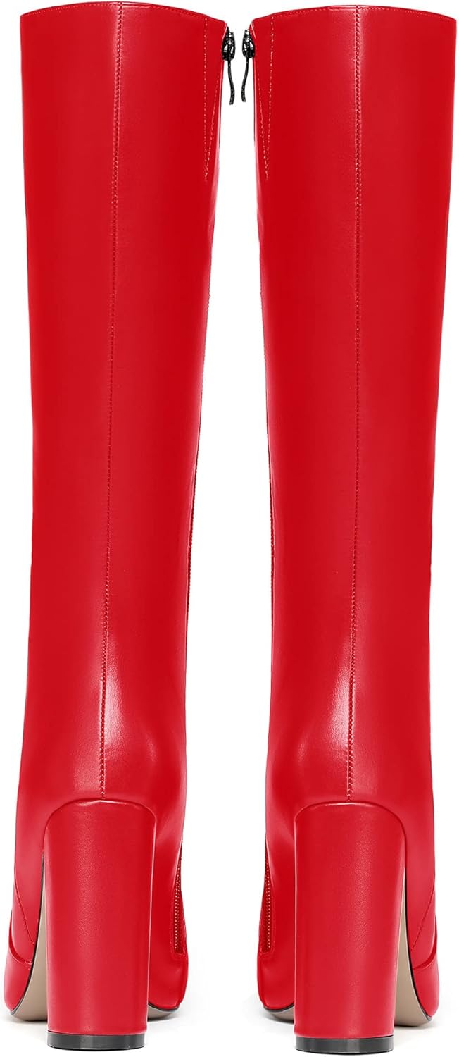 WAYDERNS Women's Matte Leather Thick Pointed Toe Zip Block High Heel Knee High Boots 4 Inch