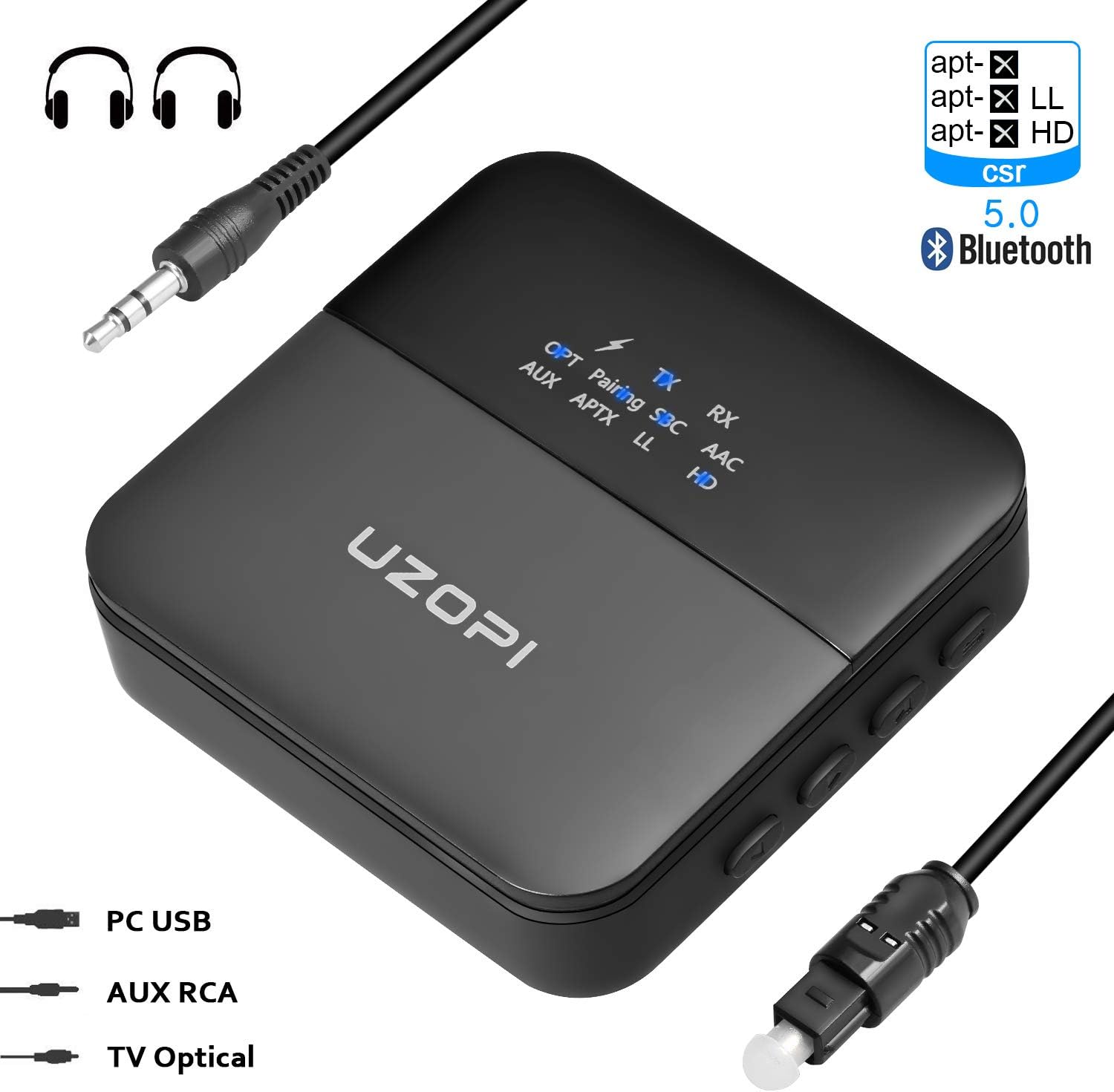 U UZOPI Bluetooth 5.0 Transmitter Receiver, 2-in-1 Wireless Audio Adapter aptX Low Latency HD for TV Car Music Streaming Stereo Sound System (Optical/TOSLINK 3.5mm AUX RCA)
