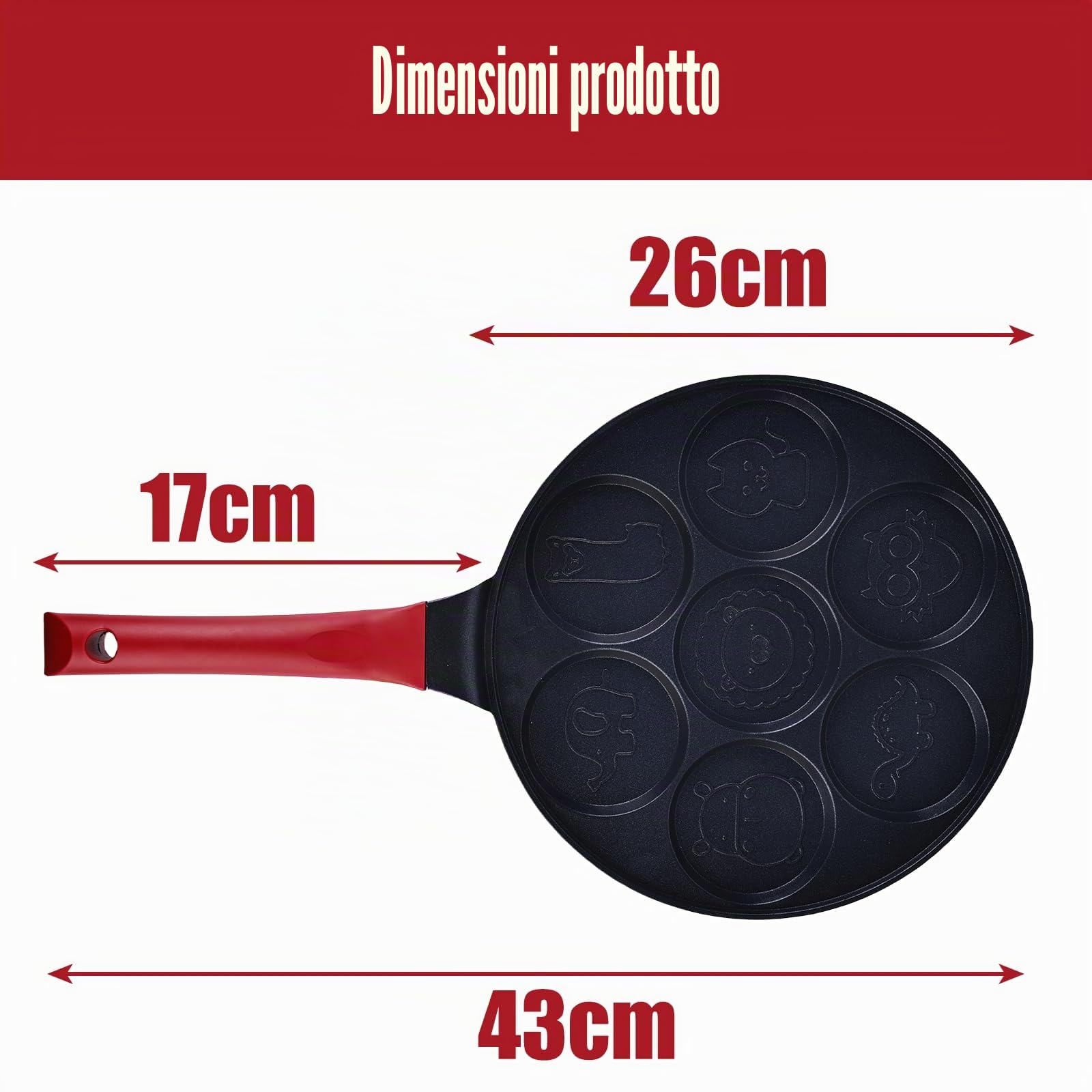 Padella Antiaderente per Pancake 26 cm con Sette Fori, Crepes Maker con Animale per Gas, Padella per Uova Fritte, Omelette, Frittelle, Hamburger