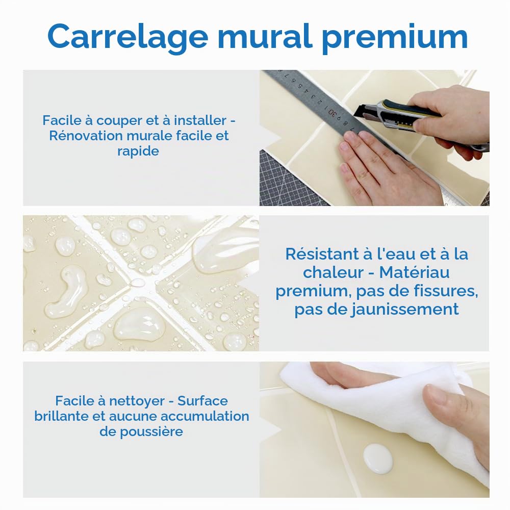 COMSTICKC Plus épais Credence Adhésif pour Cuisine Salle de Bain, 10 Pièces, Beige Carrelage Adhesif Mural, Carrelage Autocollant Métro, imperméable, 30,5x30,5cm