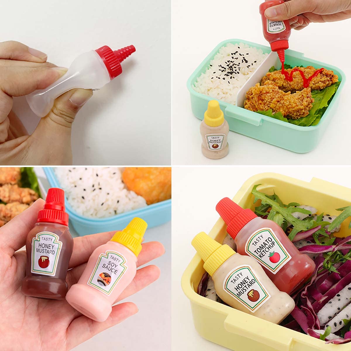 Mini botellas exprimibles para condimentos con cepillo de limpieza, 0.8 onzas líquidas, a prueba de fugas, mini botellas de salsa de tomate rellenables/salsa de soja/miel/aderezo para 6