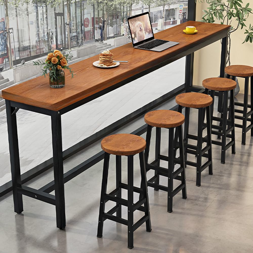 LITFAD 6 Piece Set Bar Height Dining Set with Foot Prop and Trestle Base Rectangle Pub Bistro Table and Chairs for 5 Solid Wood Top Bar Tables and