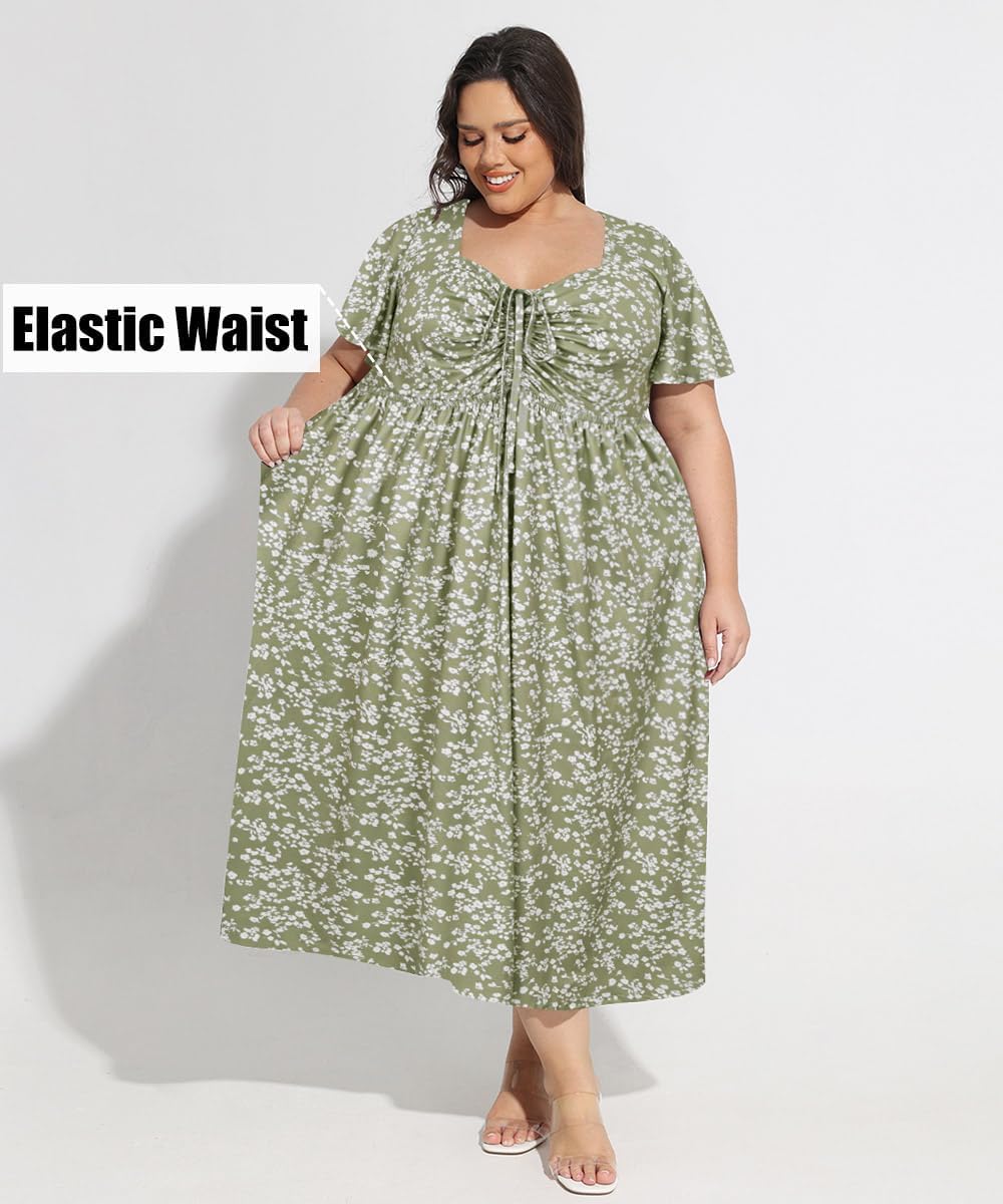 CARCOS Plus Size Dresses for Curvy Women Tie Sweetheart Neck Summer Maxi Dress Short Sleeve Empire Waist Floral Boho Dress - Image 5