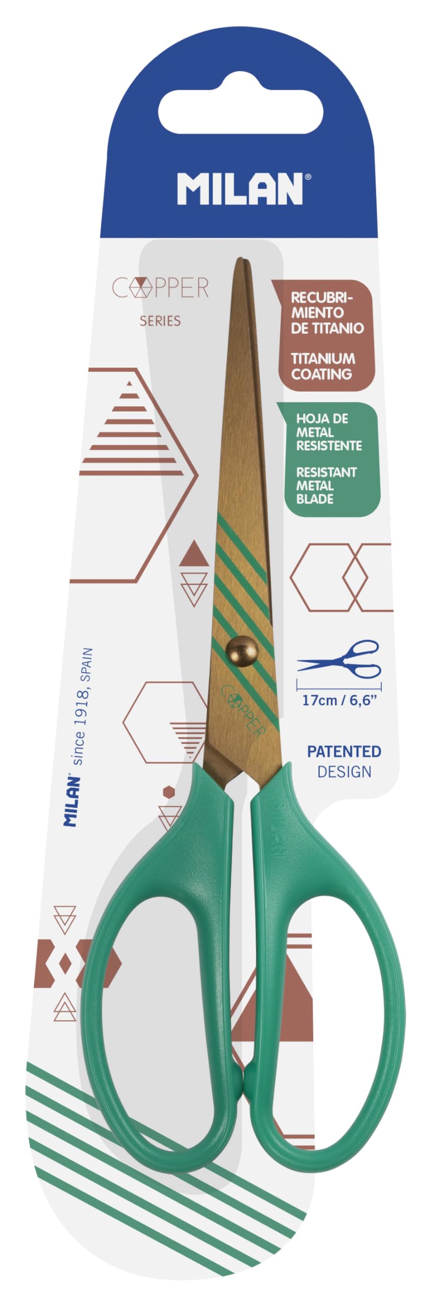Blíster tijeras de oficina 17 cm serie Copper, verde MILAN®