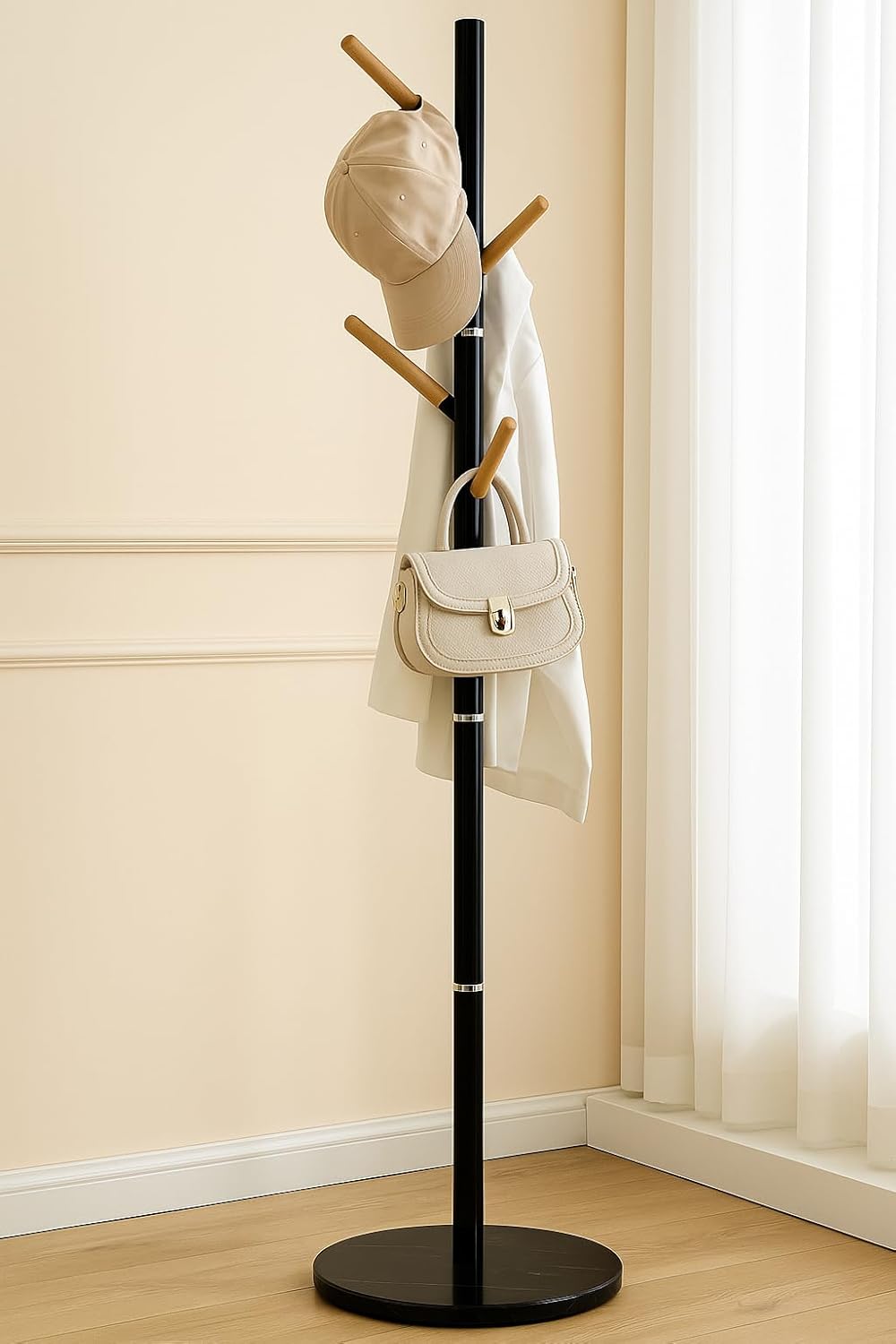 A&M Coat Rack Freestanding with 6 Wooden Hooks & Marble Base - 18 lbs Metal Coat Tree Stand for Hanging Clothes, Hats, Bags, & Jackets - Heavy Duty Purse Rack Stand for Entryway, Bedroom & Office