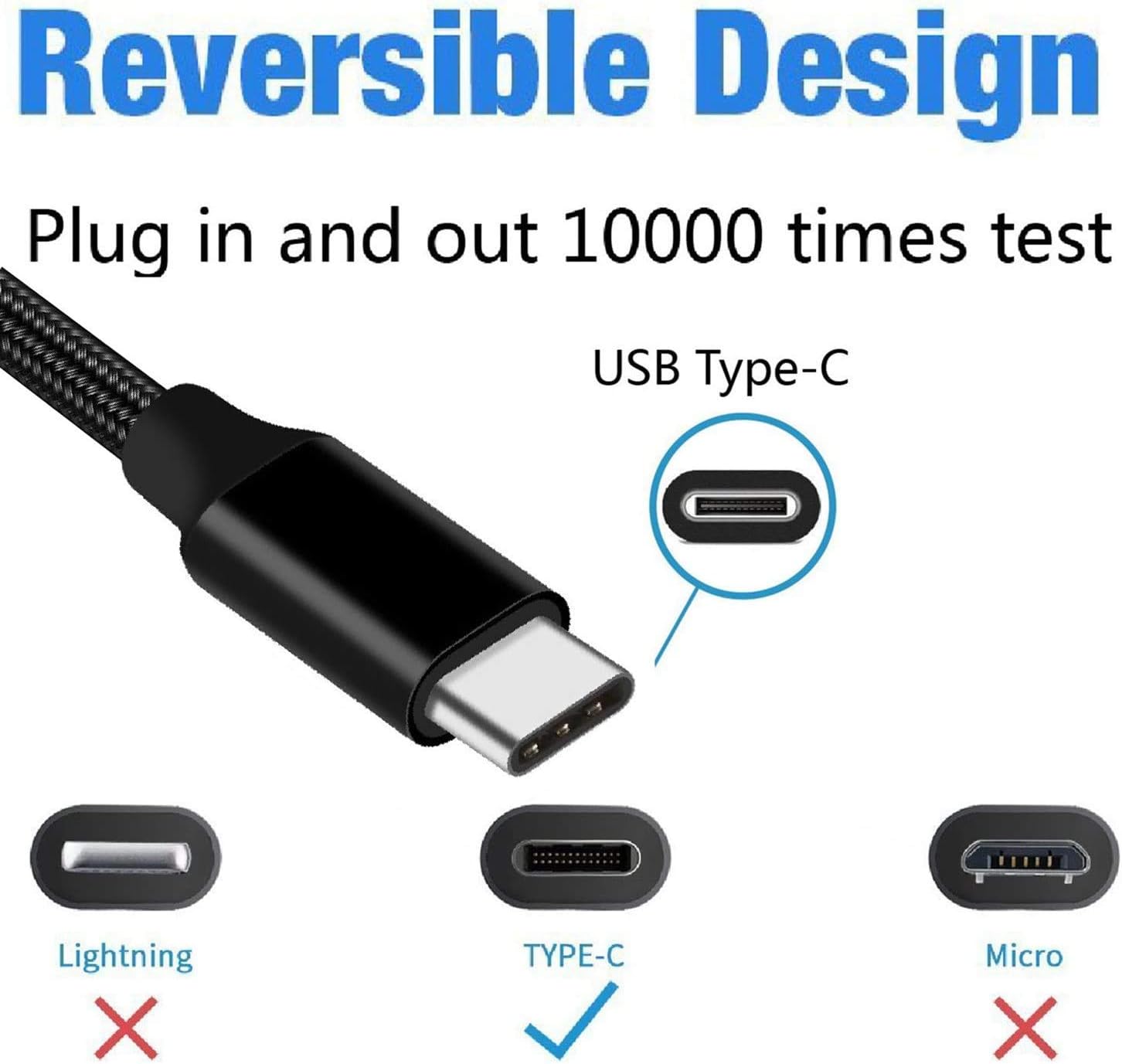 Charger Cable,USB Type C,2Pack 10FT,Super Long Braided,Fast Charging Cord for Google Pixel 2 XL,Samsung Galaxy S9 Plus,S8,Note 8,LG G7 ThinQ,V30S,V30,V20,G6,Moto G6,X4,Sony Xperia XZ2,ZTE Blade Z MAX