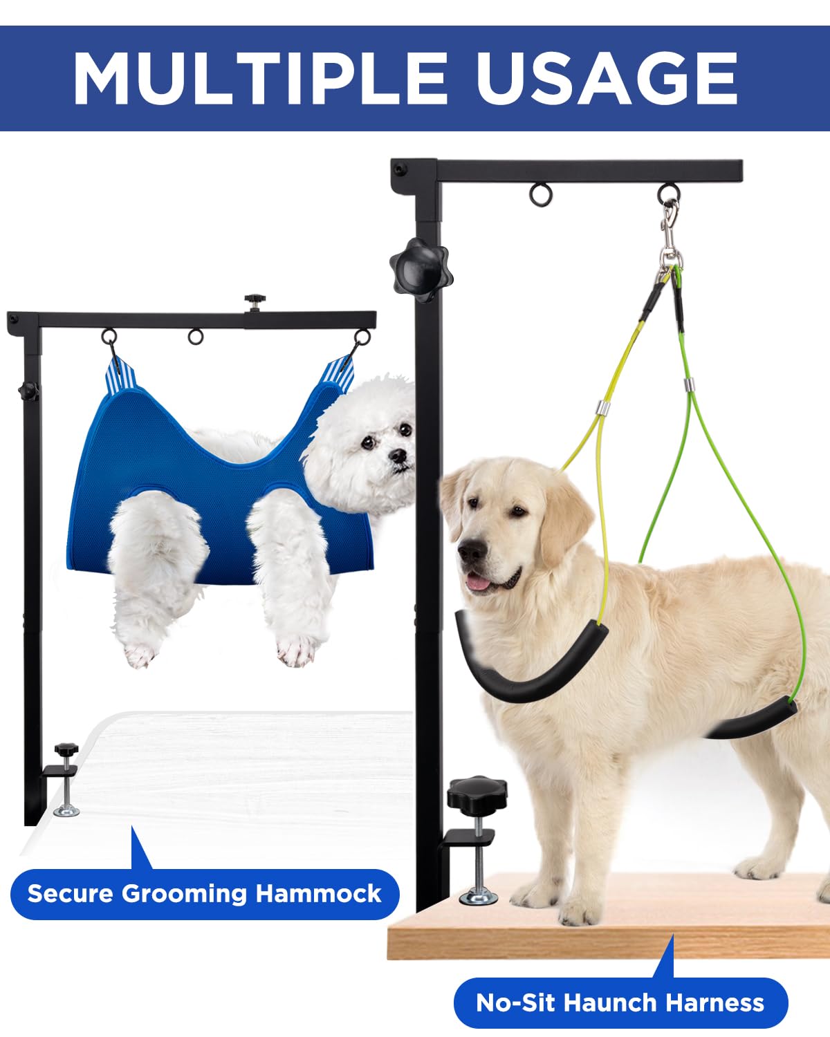 Extendable Dog Grooming Arm with Hammock, Adjustable Height 27"-42", Adjustable Widht 20"-23", Dog Grooming Table Arm with Clamp and No-Sit Holder, Heavy Duty for Small & Medium Dogs