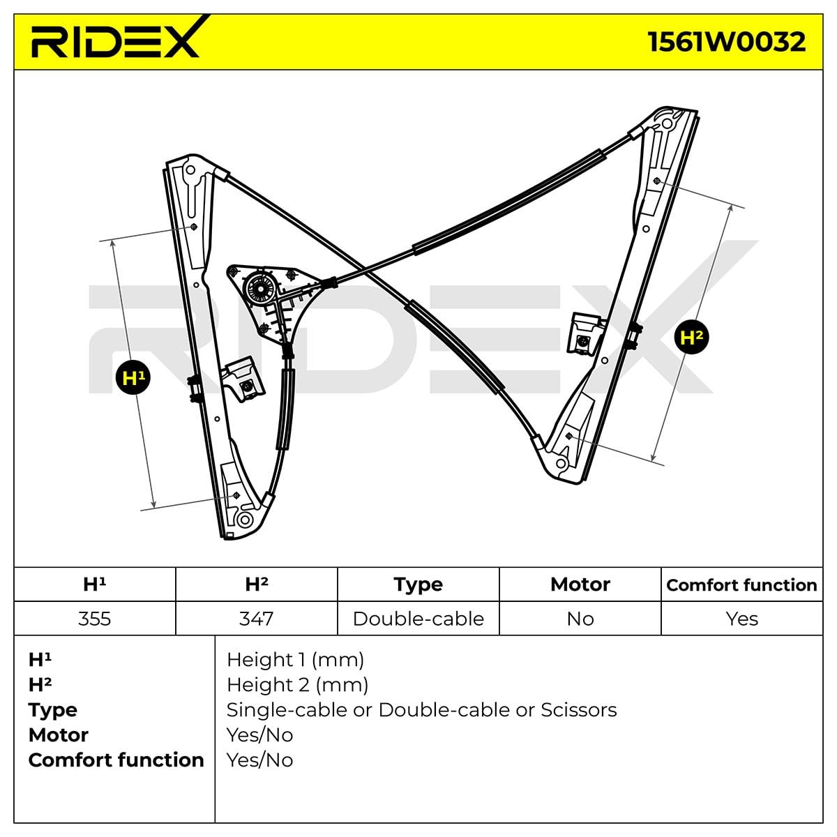 RIDEX 1561W0032 Elevalunas eléctrico Delante, Derecha sin electromotor Compatible con VW Polo V Hatchback 6R1, 6C1