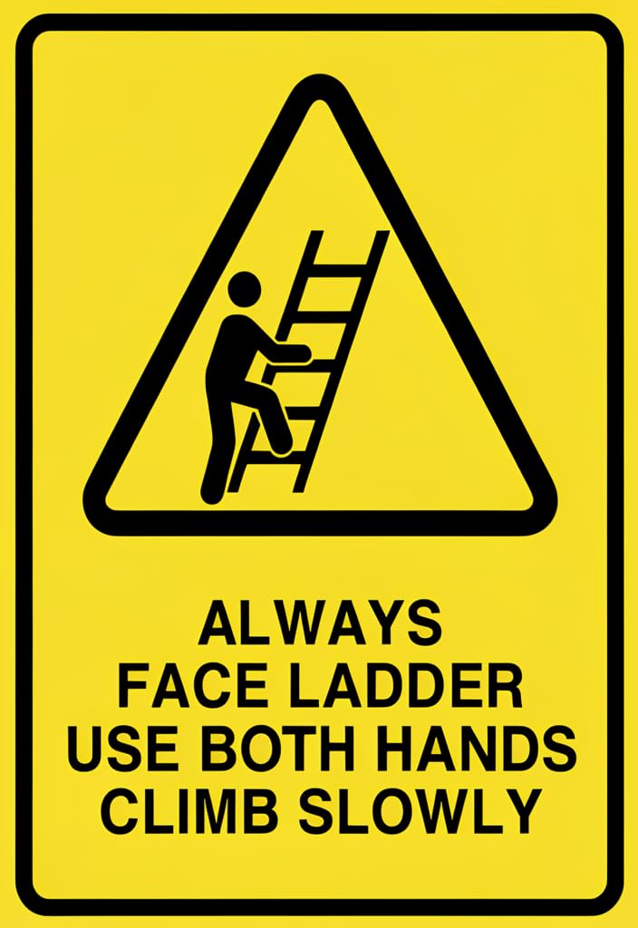 peiyeety Ladder Safety Warning Tin Sign 12x8 Inch Metal Wall Decor, Face Ladder Use Both Hands Climb Slowly Yellow Caution Plaque for Workshop, Garage, Jobsite, Home, Gift Idea