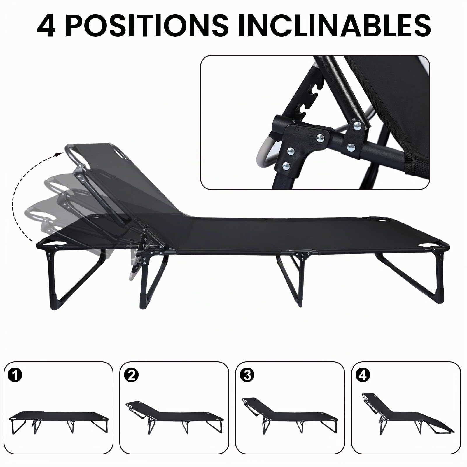 Lit de Camping, Chaise Longue Inclinable, Lit Camping Pliable, Lits Campings Pliant, Chaise Longue 4 Positions avec Oreiller, Idéal pour Piscine, Plage, Terrasse (Noir)