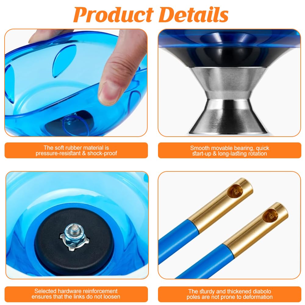 Diabolo, LED Diabolo Roulement à Billes, Kit de Jonglerie Triple Roulement avec 2 Paires de Baguettes à Main + 4 Kits de Cordes de Rechange, pour Débutants Professionnels, Bleu