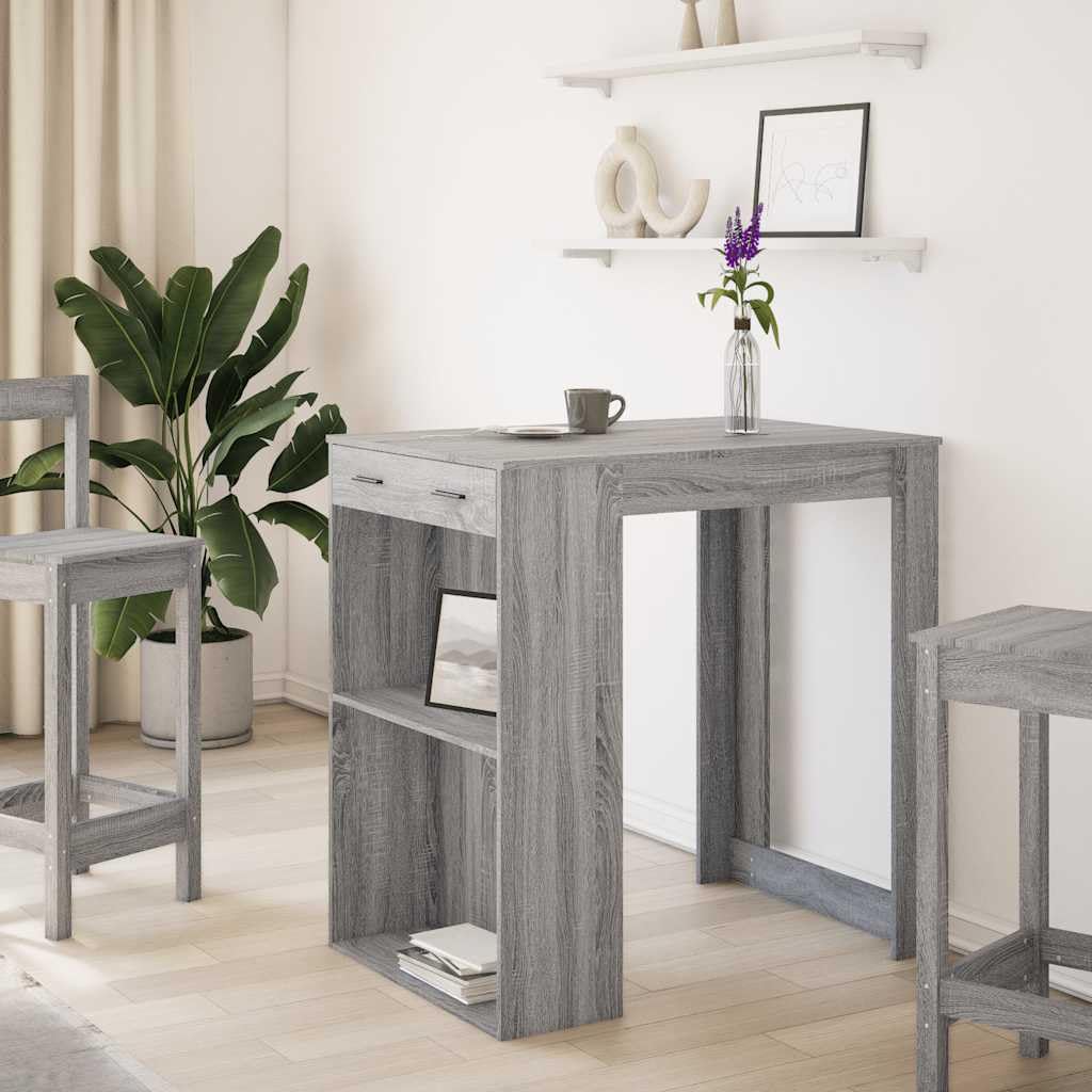 Mesa de bar gris Sonoma 102 x 70 x 103,5 cm de madera con 2 estantes y 1 cajón para espacio de almacenamiento, ideal para cocina, salón, comedor, material duradero