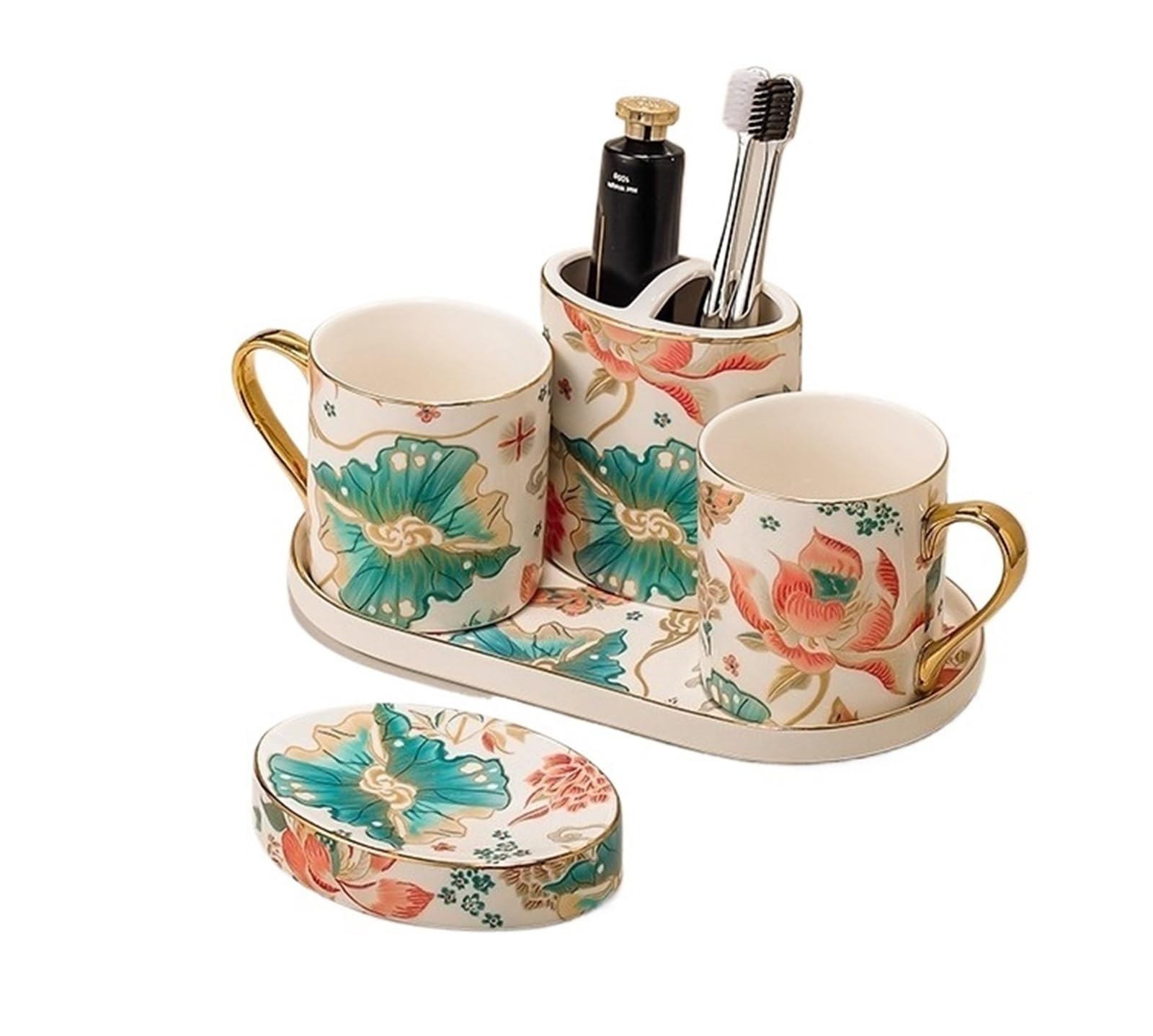 Soap Dish Set Blue And White Ceramic Mouthwash Cup Set Household Toilet Couple Tooth Brush Wash Bathroom Decor(Color1)