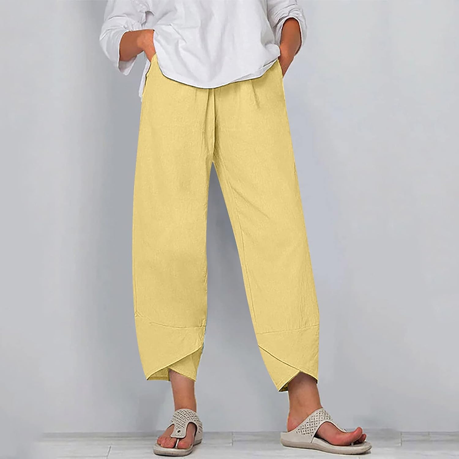 Costaric Cotton Linen Casual Summer Capri Pants Printed Cropped Comfy Baggy Trousers with Pockets Palazzo Lounge Pants - Image 2