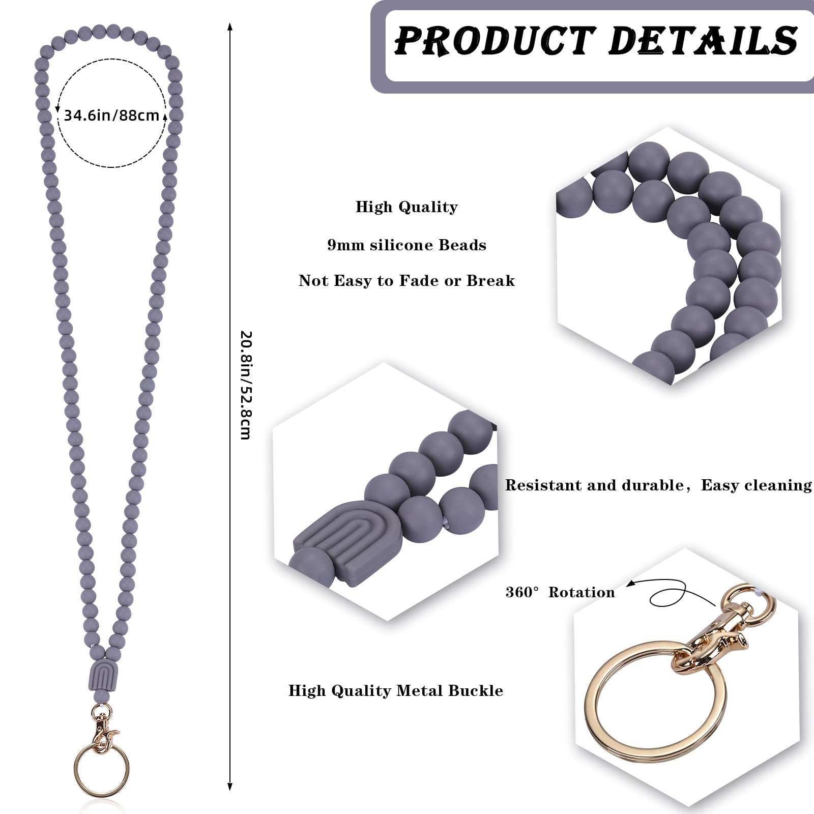 LEGENTLISUR Silicone Beaded Lanyard for Women Silicone Lanyard of ID Card Cute Silicone Lanyards Office Lanyards for ID Badges and Keys for Women Teachers Gift(Light Grey) - Image 2