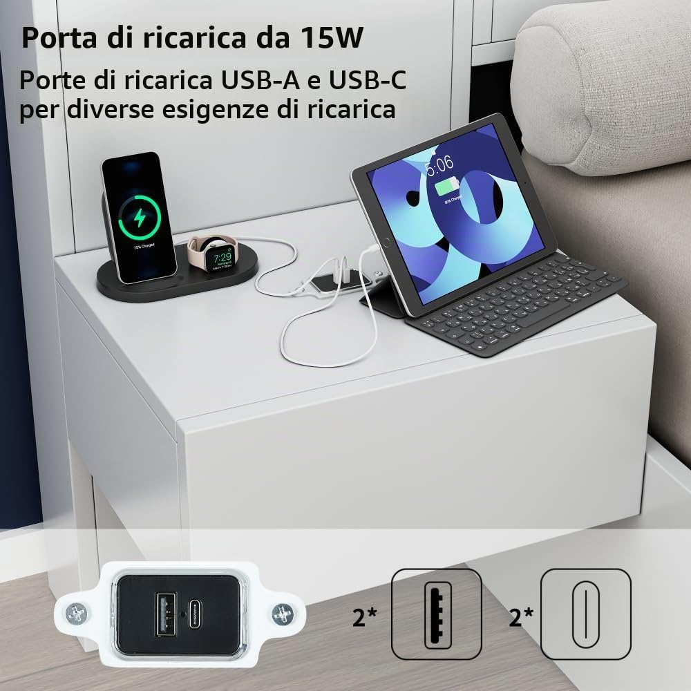 Struttura letto 180x200 con rete a doghe, letto con comodini integrati, letto matrimoniale in legno con porta USB e LED, orologio elettronico, senza materasso, bianco