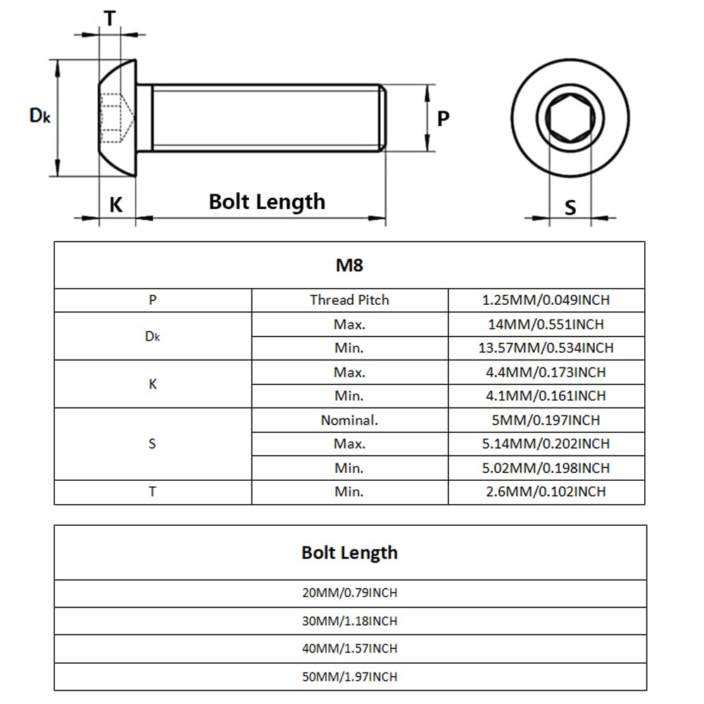 (M8 x 20 mm, 100 piezas) de acero inoxidable, máquina de enchufe de tapa redonda y tornillos de cabeza de botón, pernos plateados para restauración de carpintería de bricolaje, perfecto para proyectos