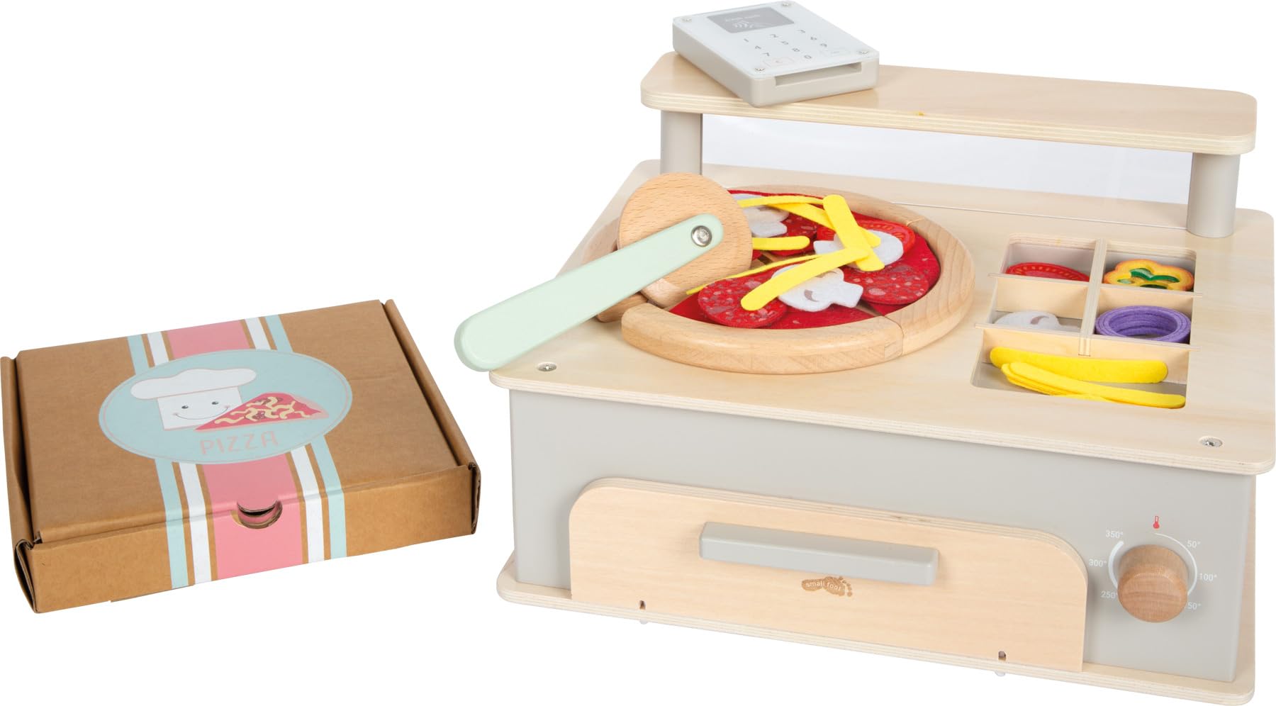 small Foot Pizzeria-Set aus Holz, multifunktionaler Pizzaofen mit umfangreichem Zubehör, hochwertiges Rollenspielset, für Kinder ab 3 Jahren, 12696, Holzfarben