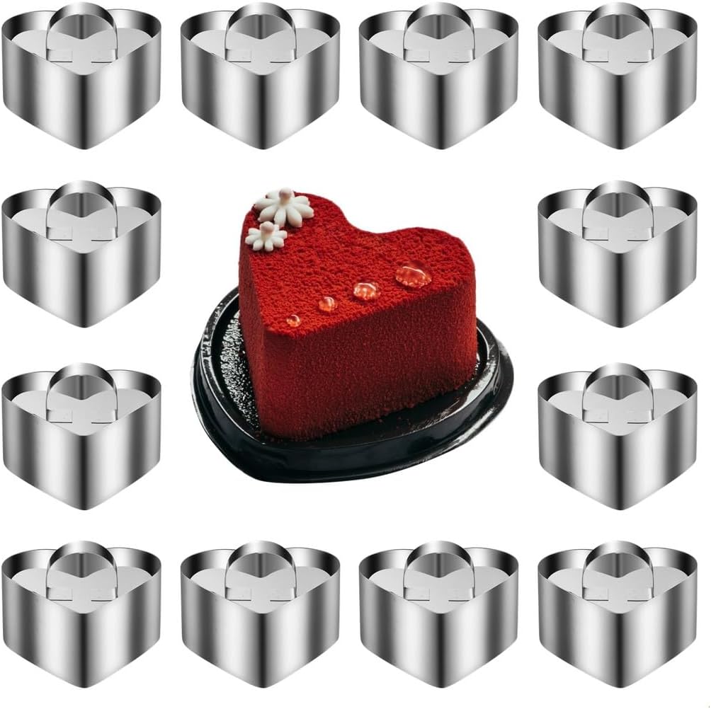 Heart-Shaped Cake Molds, 12 Pcs Stainless Steel Dessert Rings With Pushers, 3.15In X 1.46In
