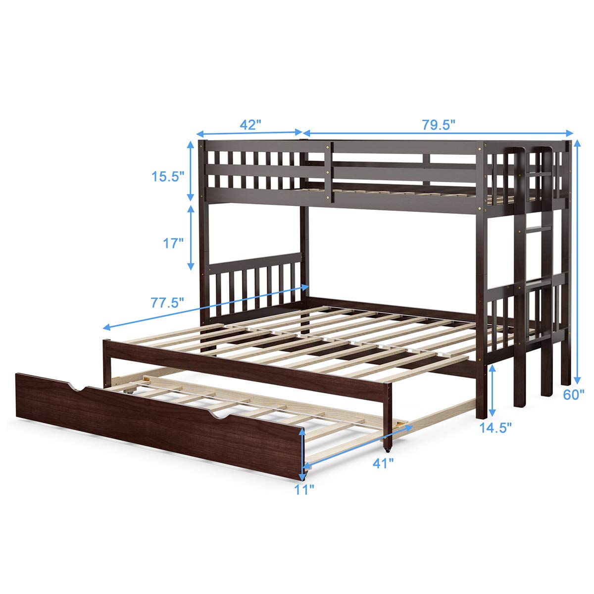 Giantex Twin Over PullOut Bunk Bed with Trundle, Solid Wood Bunk Bed