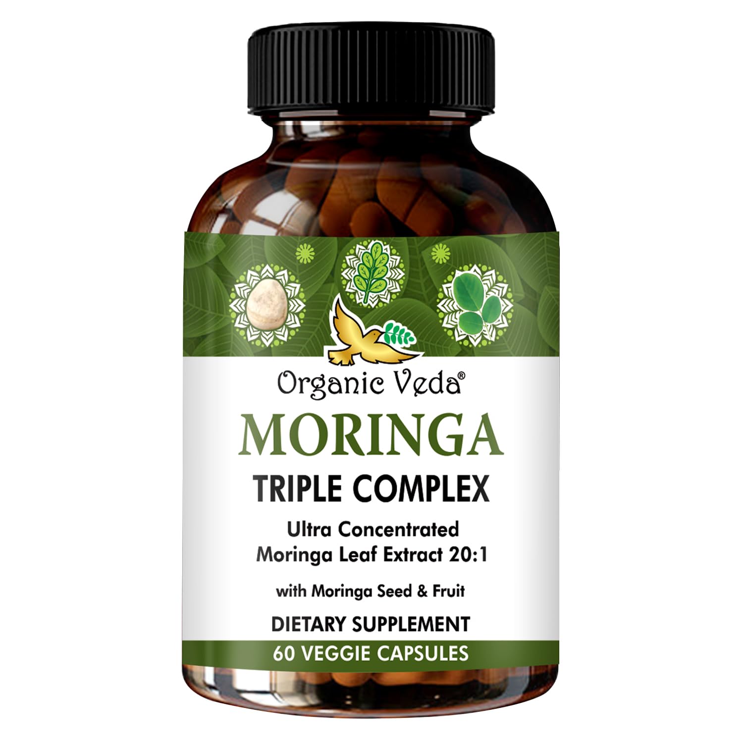 Moringa Capsules Triple Superfoods Complex with Leaf, Seed & Fruit Extracts- The Miracle Tree Supplement with Organic Moringa Omega 3, 6, 9, Antioxidants, Vitamins - 60 Vegan Capsules