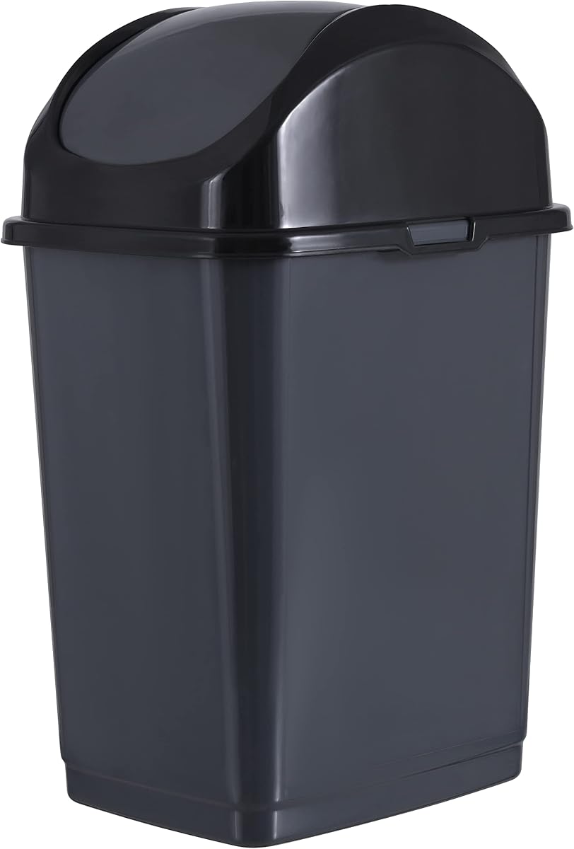 Small 2.5 Gallon Plastic Trash Can with Swing Top Lid, Compact, Slim Waste Bin for Under Desk, Office, Bedroom, Bathroom, Dorm Room, 10 Qt. Portable Garbage Can (Dark Gray, 2