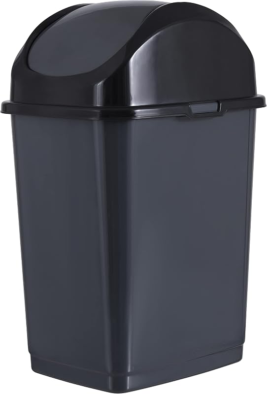 Small 2.5 Gallon Plastic Trash Can with Swing Top Lid, Compact, Slim Waste Bin for Under Desk, Office, Bedroom, Bathroom, Dorm Room, 10 Qt. Portable Garbage Can (Dark Gray, 2