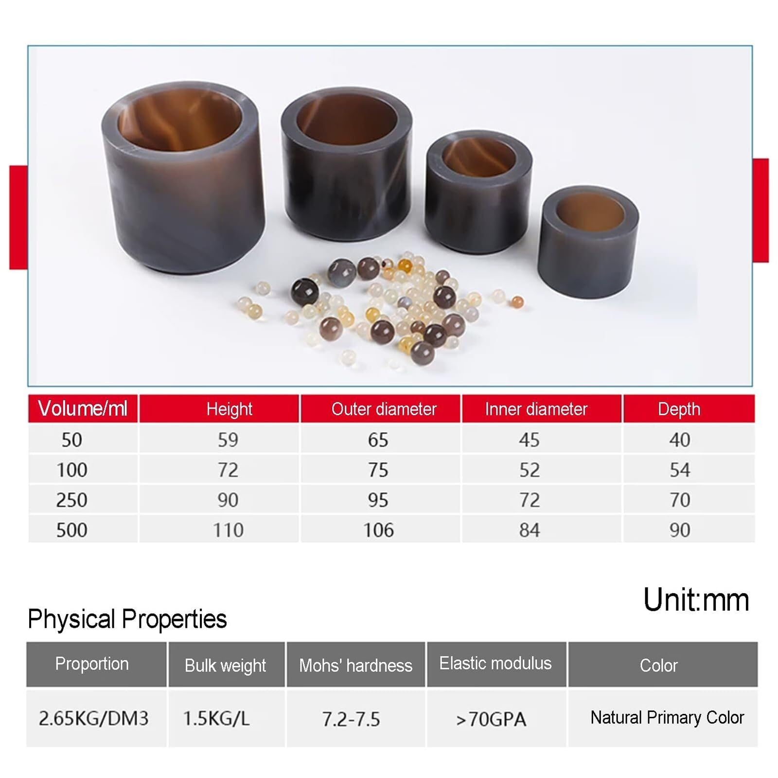 Frasco de molienda de ágata natural dureza 7.2-7.5 Tanque de molino planetario de bolas resistente al ácido y al calor para la molienda de muestras de laboratorio 100ml