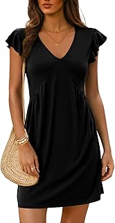 EIRUKON Women's Summer V-Neck Ruffle Sleeve Mini Dress Casual Summer Dress Short High Waist Dresses Casual Dress Plain Short Sleeve Beach Dress