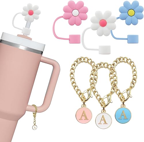 3 tapas de paja en forma de flores de 0.394 in y 3 piezas de identificación con nombre de identificación, tapas de paja de silicona reutilizables a