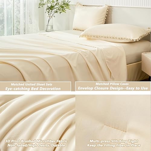 Miniatura 6 de PERFEMET Juego de edredón beige de 5 piezas, tamaño Queen, bohemio, con flecos y pompones, con sábanas, edredón ligero y suave, color crema en una