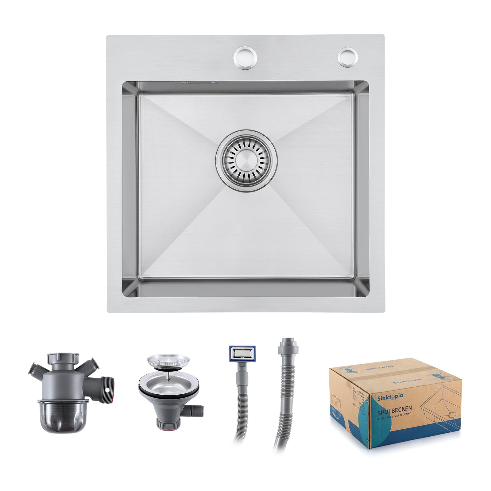 Kitchen Sink with Waste Kit, 2 Tap Holes Stainless Steel 304 Thick Deep Basin Single Bowl, Sinks with Strainer Overflow for Home Kitchen Campervan Utility Room Bar Brushed Stainless 45×45 cm