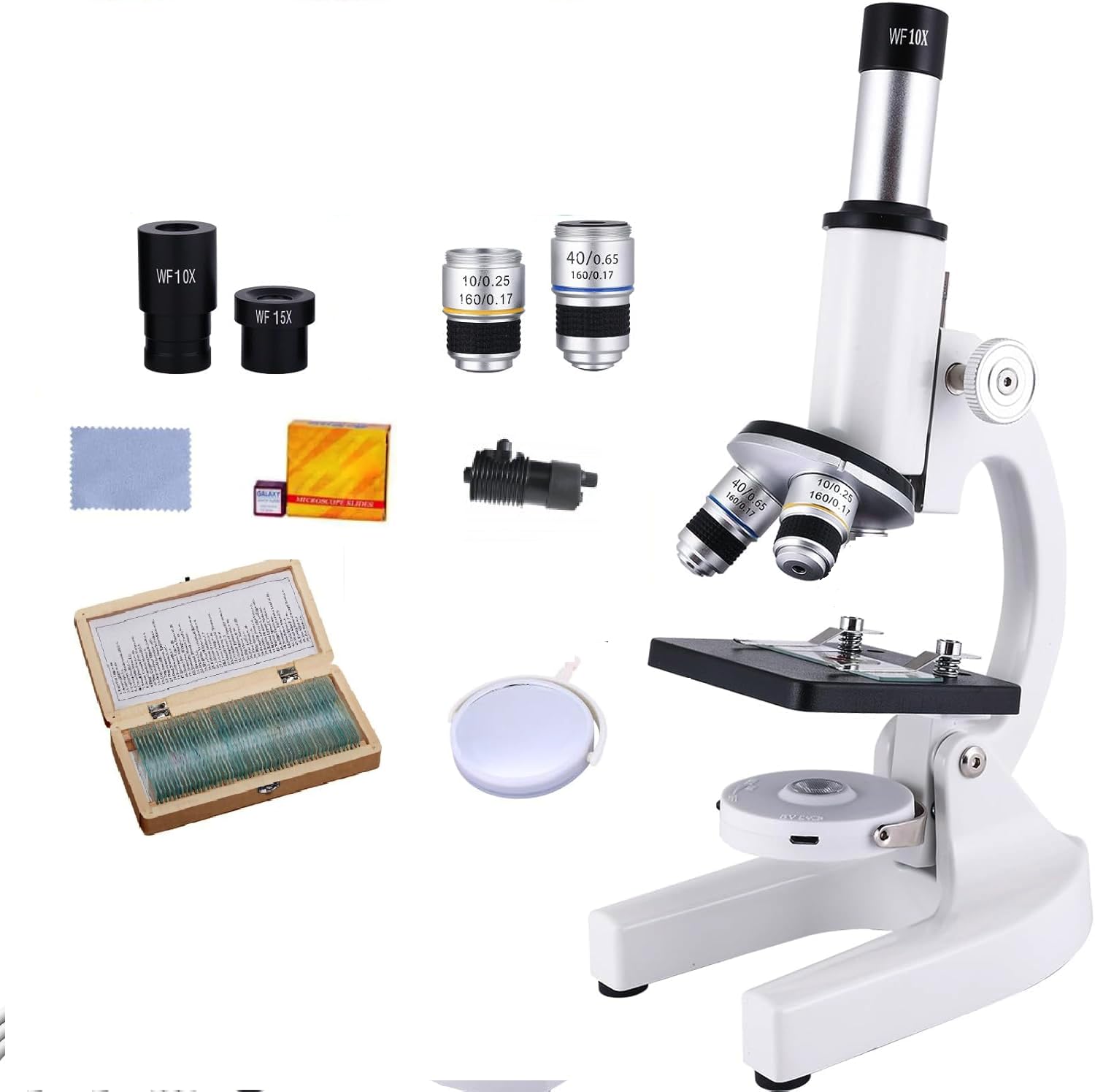 Chemlab Student Compound Biological Microscope with Dual Objective Lenses,LED LAMP,25 Prepared Slides,50 Blank Slides,for School Lab & Home,Microscope Gift for Kids Children Students,40X-1125X Zoom