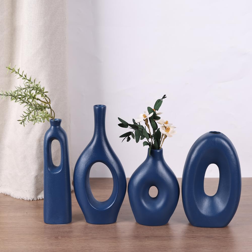 Nordic Blue Round Vase Set,4 Blaue Keramik Ovale Donut Vase, Minimalistische Moderne Wohnkultur, Matte Blue Dekorative Vase für Home Decor Büro Einweihungsgeschenk Wohnzimmer Esstisch Pampasgras Dekor