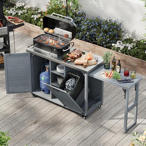 Image of Merax 78.3 inch Outdoor Kitchen Island with Foldable Grill Table, Wooden Outdoor Grill Cart with Trash Can Storage & Stainless Steel Top, Outdoor Bar Cart, Pizza Oven Table for Lawn & Garden, Dark Brown