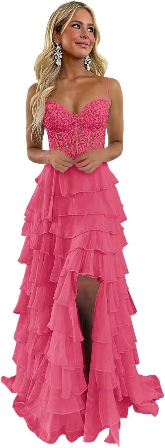 Ruffle Tiered Prom Dress for Women Chiffon Layered Lace Corset Evening Party Gowns with Slit